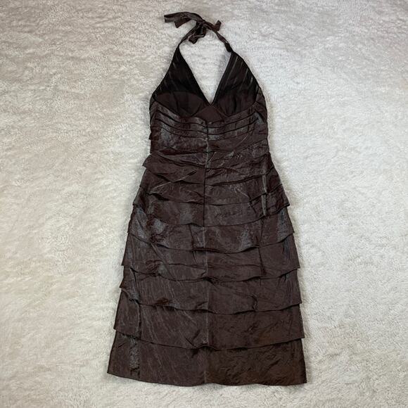 Cache chocolate brown scalloped bandage halter cocktail party dress, size 8 - Picture 3 of 12